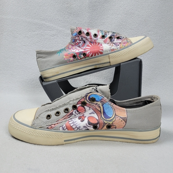 Ed Hardy Laceless Sneakers Men's Shoes Size 9 Gray Slip-On Skulls Japanese Sun - Picture 4 of 14